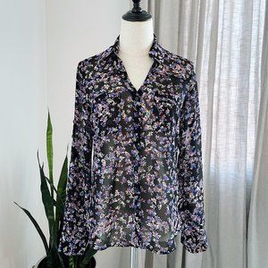 EXPRESS Portofino Long Sleeve Black Floral Button Down Semi Sheer Top Size XS